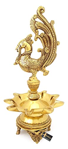 11 Inch Tall - 9 Faced Peacock Design Oil Wick Brass Diya (Golden; Weight 2 kg) Mangal Fashions | Indian Home Decor and Craft