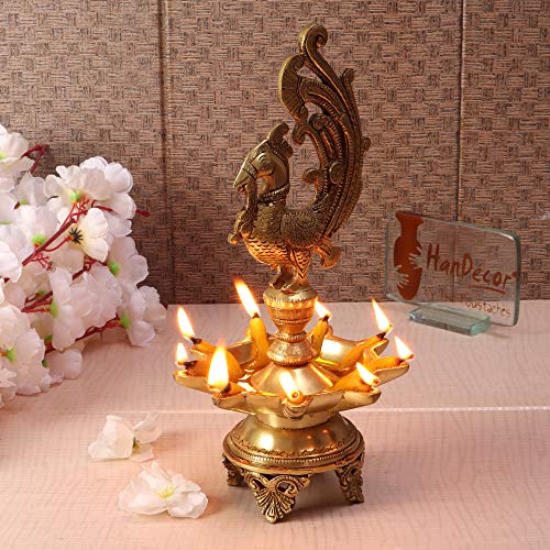 11 Inch Tall - 9 Faced Peacock Design Oil Wick Brass Diya (Golden; Weight 2 kg) Mangal Fashions | Indian Home Decor and Craft