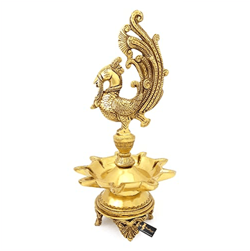 11 Inch Tall - 9 Faced Peacock Design Oil Wick Brass Diya (Golden; Weight 2 kg) Mangal Fashions | Indian Home Decor and Craft