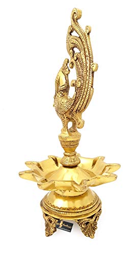 11 Inch Tall - 9 Faced Peacock Design Oil Wick Brass Diya (Golden; Weight 2 kg) Mangal Fashions | Indian Home Decor and Craft