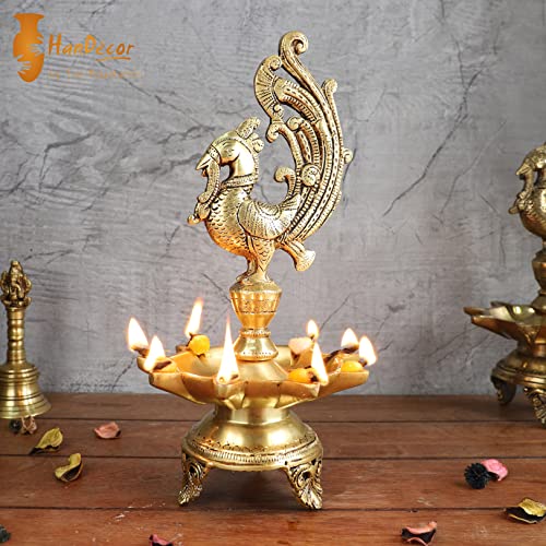 11 Inch Tall - 9 Faced Peacock Design Oil Wick Brass Diya (Golden; Weight 2 kg) Mangal Fashions | Indian Home Decor and Craft