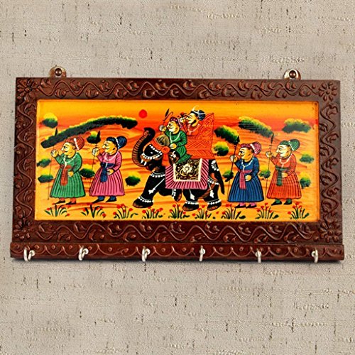 12 Inch | 6 Hooks - Rajasthani Ethnic Wooden Key Holder cum Showpiece for Wall / Home / Room Décor | Dhola Maru Key Chain Hanger Mangal Fashions | Indian Home Decor and Craft
