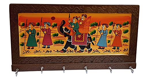 12 Inch | 6 Hooks - Rajasthani Ethnic Wooden Key Holder cum Showpiece for Wall / Home / Room Décor | Dhola Maru Key Chain Hanger Mangal Fashions | Indian Home Decor and Craft