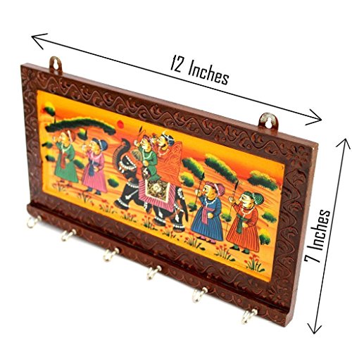 12 Inch | 6 Hooks - Rajasthani Ethnic Wooden Key Holder cum Showpiece for Wall / Home / Room Décor | Dhola Maru Key Chain Hanger Mangal Fashions | Indian Home Decor and Craft