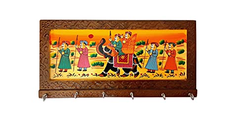 12 Inch | 6 Hooks - Rajasthani Ethnic Wooden Key Holder cum Showpiece for Wall / Home / Room Décor | Dhola Maru Key Chain Hanger Mangal Fashions | Indian Home Decor and Craft