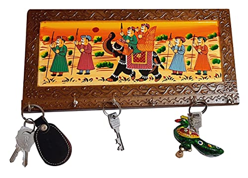 12 Inch | 6 Hooks - Rajasthani Ethnic Wooden Key Holder cum Showpiece for Wall / Home / Room Décor | Dhola Maru Key Chain Hanger Mangal Fashions | Indian Home Decor and Craft