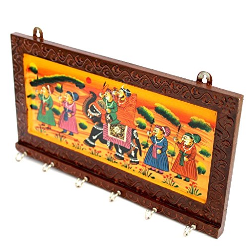 12 Inch | 6 Hooks - Rajasthani Ethnic Wooden Key Holder cum Showpiece for Wall / Home / Room Décor | Dhola Maru Key Chain Hanger Mangal Fashions | Indian Home Decor and Craft