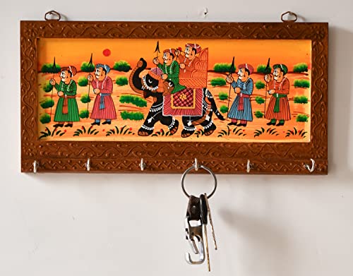 12 Inch | 6 Hooks - Rajasthani Wooden Art Work Key Holder - Brown Mangal Fashions | Indian Home Decor and Craft