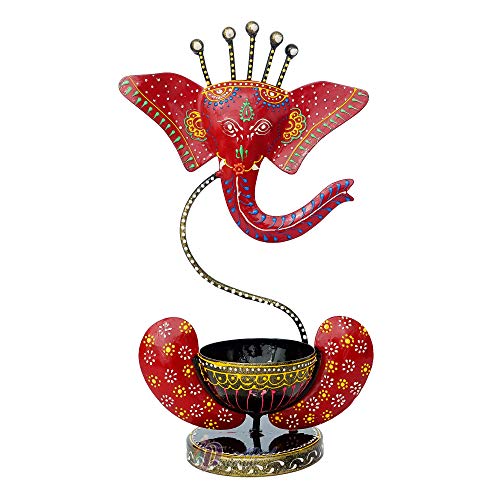 12 Inch Lord Ganesha (Dark Red) Antique with Stone Tealight Holder-Decorative/Table Decor/Home Decor Mangal Fashions | Indian Home Decor and Craft