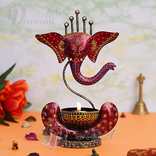 12 Inch Lord Ganesha (Dark Red) Antique with Stone Tealight Holder-Decorative/Table Decor/Home Decor Mangal Fashions | Indian Home Decor and Craft