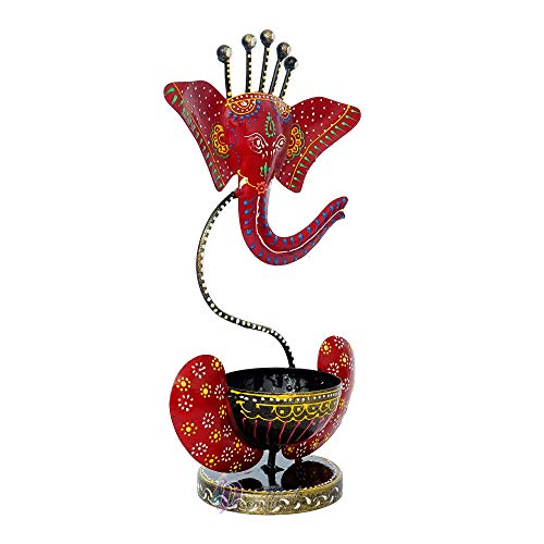 12 Inch Lord Ganesha (Red) Antique with Stone Tealight Holder-Decorative/Table Decor/Home Decor Mangal Fashions | Indian Home Decor and Craft