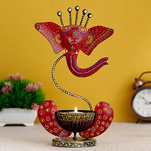 12 Inch Lord Ganesha (Red) Antique with Stone Tealight Holder-Decorative/Table Decor/Home Decor Mangal Fashions | Indian Home Decor and Craft