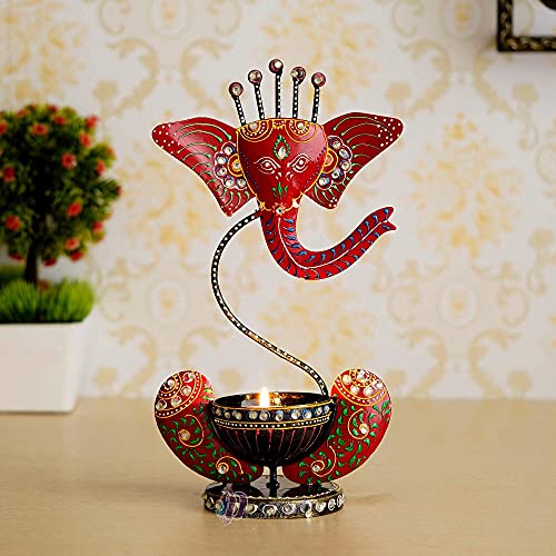 12 Inch Lord Ganesha (Red with Stones) Antique with Stone Tealight Holder-Decorative/Table Decor/Home Decor Mangal Fashions | Indian Home Decor and Craft