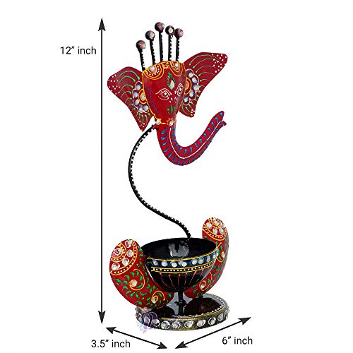 12 Inch Lord Ganesha (Red with Stones) Antique with Stone Tealight Holder-Decorative/Table Decor/Home Decor Mangal Fashions | Indian Home Decor and Craft