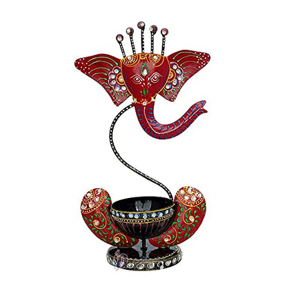 12 Inch Lord Ganesha (Red with Stones) Antique with Stone Tealight Holder-Decorative/Table Decor/Home Decor Mangal Fashions | Indian Home Decor and Craft