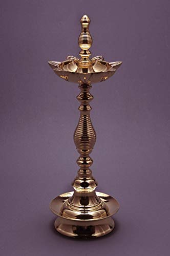 12 Inch Tall - 7 Faced Antique Brass Diya with Kalash Design at Centre and Lined Pattern Stand (1.15 kg) Mangal Fashions | Indian Home Decor and Craft