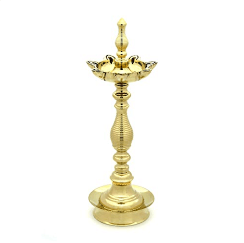 12 Inch Tall - 7 Faced Antique Brass Diya with Kalash Design at Centre and Lined Pattern Stand (1.15 kg) Mangal Fashions | Indian Home Decor and Craft