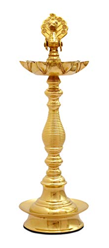 12 Inch Tall - 7 Faced Antique Brass Diya with Peacock / Mayur Design at Centre and Lined Pattern Stand (1.15 kg) Mangal Fashions | Indian Home Decor and Craft