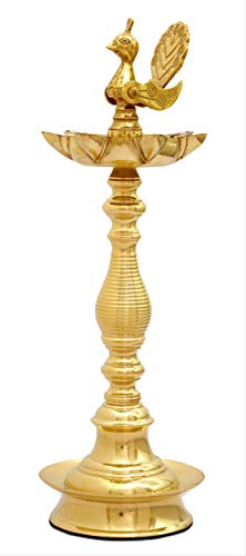 12 Inch Tall - 7 Faced Antique Brass Diya with Peacock / Mayur Design at Centre and Lined Pattern Stand (1.15 kg) Mangal Fashions | Indian Home Decor and Craft