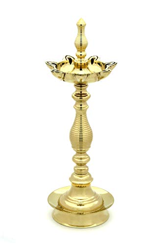14 Inch Tall - 7 Faced Antique Brass Diya with Kalash Design at Centre and Lined Pattern Stand (1.45 kg) Mangal Fashions | Indian Home Decor and Craft