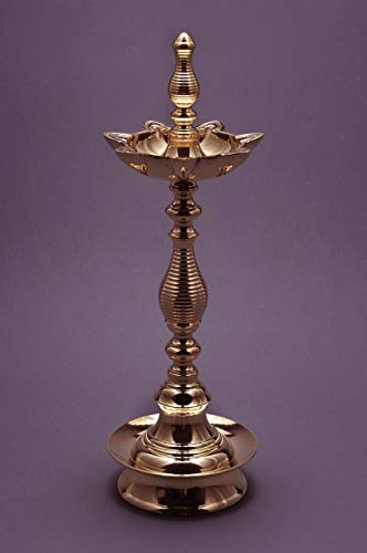 14 Inch Tall - 7 Faced Antique Brass Diya with Kalash Design at Centre and Lined Pattern Stand (1.45 kg) Mangal Fashions | Indian Home Decor and Craft