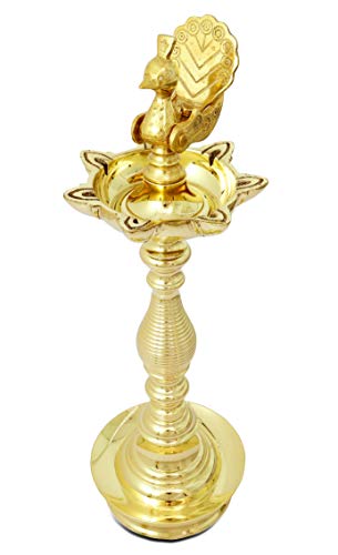 14 Inch Tall - 7 Faced Antique Brass Diya with Peacock / Mayur Design at Centre and Lined Pattern Stand (1.45 g) Mangal Fashions | Indian Home Decor and Craft