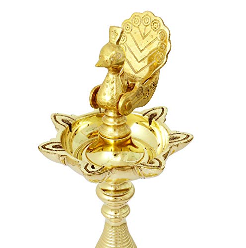 14 Inch Tall - 7 Faced Antique Brass Diya with Peacock / Mayur Design at Centre and Lined Pattern Stand (1.45 g) Mangal Fashions | Indian Home Decor and Craft
