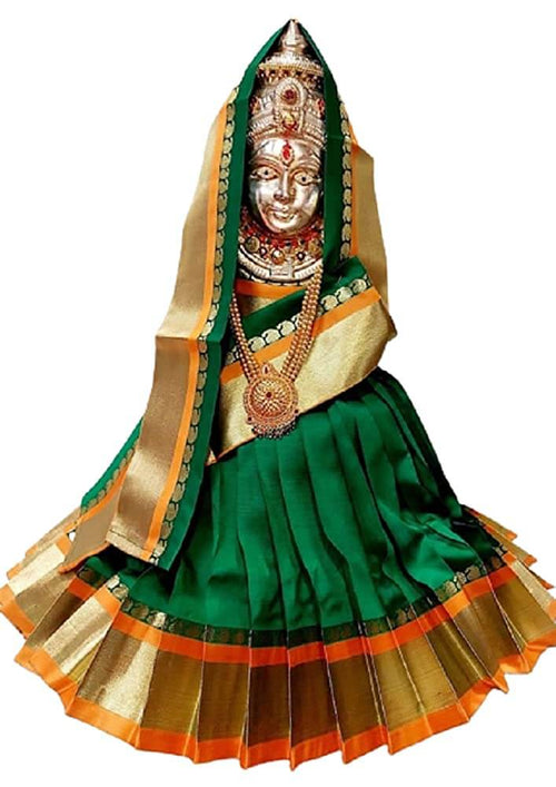 15x14 Inch Goddess Kalash Silk Saree (Green) with Zari border, Chunri Patka and Lehenga / Ghagra Dress for Pooja Mangal Fashions | Indian Home Decor and Craft