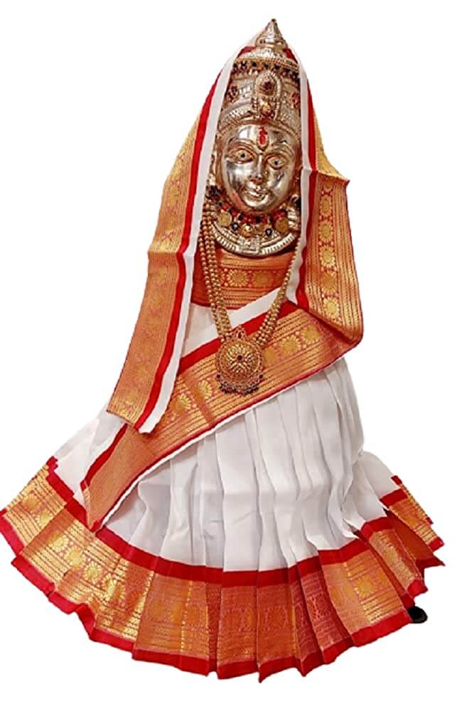 15x14 Inch Goddess Kalash Silk Saree (White) with Zari border, Chunri Patka and Lehenga / Ghagra Dress for Pooja Mangal Fashions | Indian Home Decor and Craft