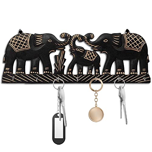 16 Inch | 7 Hooks - Elephant Designed Scratch Free Wooden Key Holder for Home Decor Mangal Fashions | Indian Home Decor and Craft