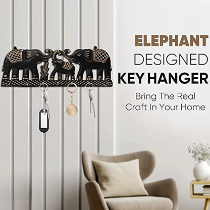 16 Inch | 7 Hooks - Elephant Designed Scratch Free Wooden Key Holder for Home Decor Mangal Fashions | Indian Home Decor and Craft