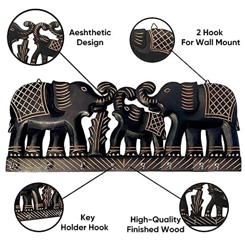16 Inch | 7 Hooks - Elephant Designed Scratch Free Wooden Key Holder for Home Decor Mangal Fashions | Indian Home Decor and Craft
