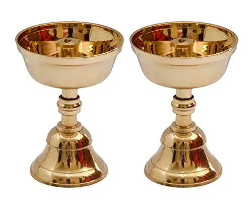 3.2 Inch - Set of 2 - Pure Brass Akhand Jyothi | Pyali Stand | Nanda Table Diya Mangal Fashions | Indian Home Decor and Craft