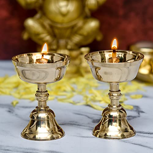 3.2 Inch - Set of 2 - Pure Brass Akhand Jyothi | Pyali Stand | Nanda Table Diya Mangal Fashions | Indian Home Decor and Craft
