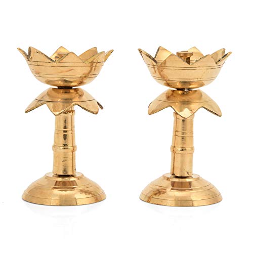 3.8 Inch - Set of 2 Brass Lotus Shape Pillar Diya Stand Oil Lamp for Pooja & Gifts Mangal Fashions | Indian Home Decor and Craft