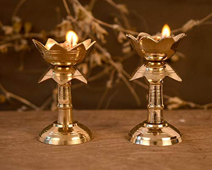 3.8 Inch - Set of 2 Brass Lotus Shape Pillar Diya Stand Oil Lamp for Pooja & Gifts Mangal Fashions | Indian Home Decor and Craft
