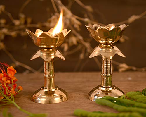 3.8 Inch - Set of 2 Brass Lotus Shape Pillar Diya Stand Oil Lamp for Pooja & Gifts Mangal Fashions | Indian Home Decor and Craft