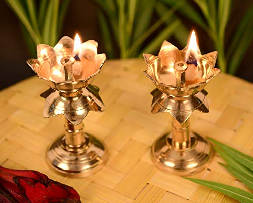 3.8 Inch - Set of 2 Brass Lotus Shape Pillar Diya Stand Oil Lamp for Pooja & Gifts Mangal Fashions | Indian Home Decor and Craft