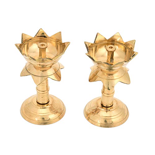 3.8 Inch - Set of 2 Brass Lotus Shape Pillar Diya Stand Oil Lamp for Pooja & Gifts Mangal Fashions | Indian Home Decor and Craft