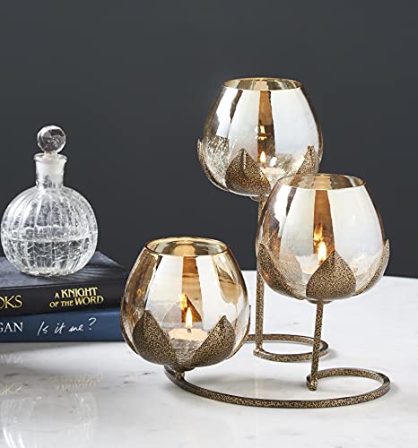 3 Piece Ancient Bronze Gold Glass Candle Holders for Home Decoration Mangal Fashions | Indian Home Decor and Craft