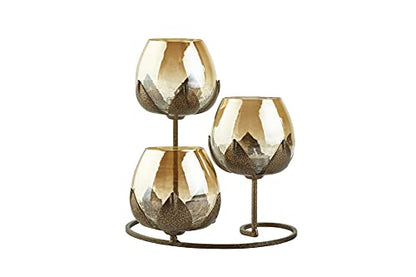 3 Piece Ancient Bronze Gold Glass Candle Holders for Home Decoration Mangal Fashions | Indian Home Decor and Craft