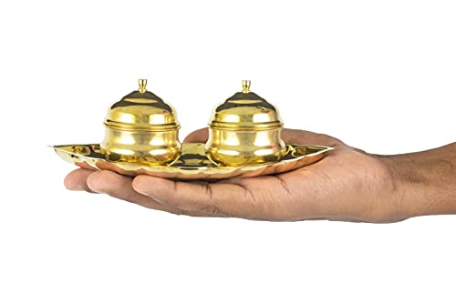 Traditional Handcrafted Brass Thali Haldi kumkum Chandhan Holder Stand Plate with Lid for Pooja | Puja Worship Oval 2 Bowl-Small Leaf