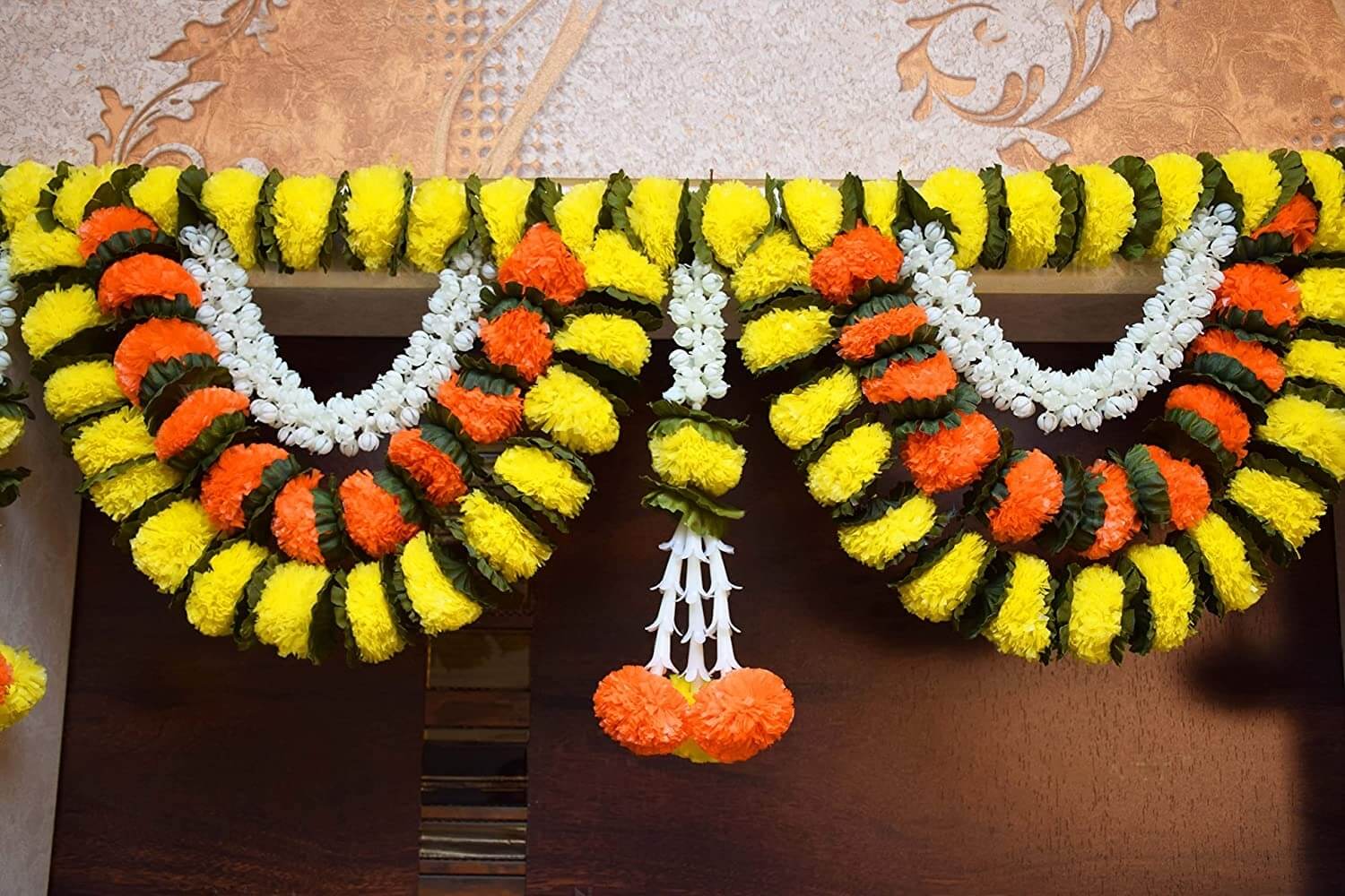 39 Inch (100 cm) Artificial Marigold Fluffy Yellow & Dark Orange Toran W Design for Main Door Entry Way Decor Mangal Fashions | Indian Home Decor and Craft