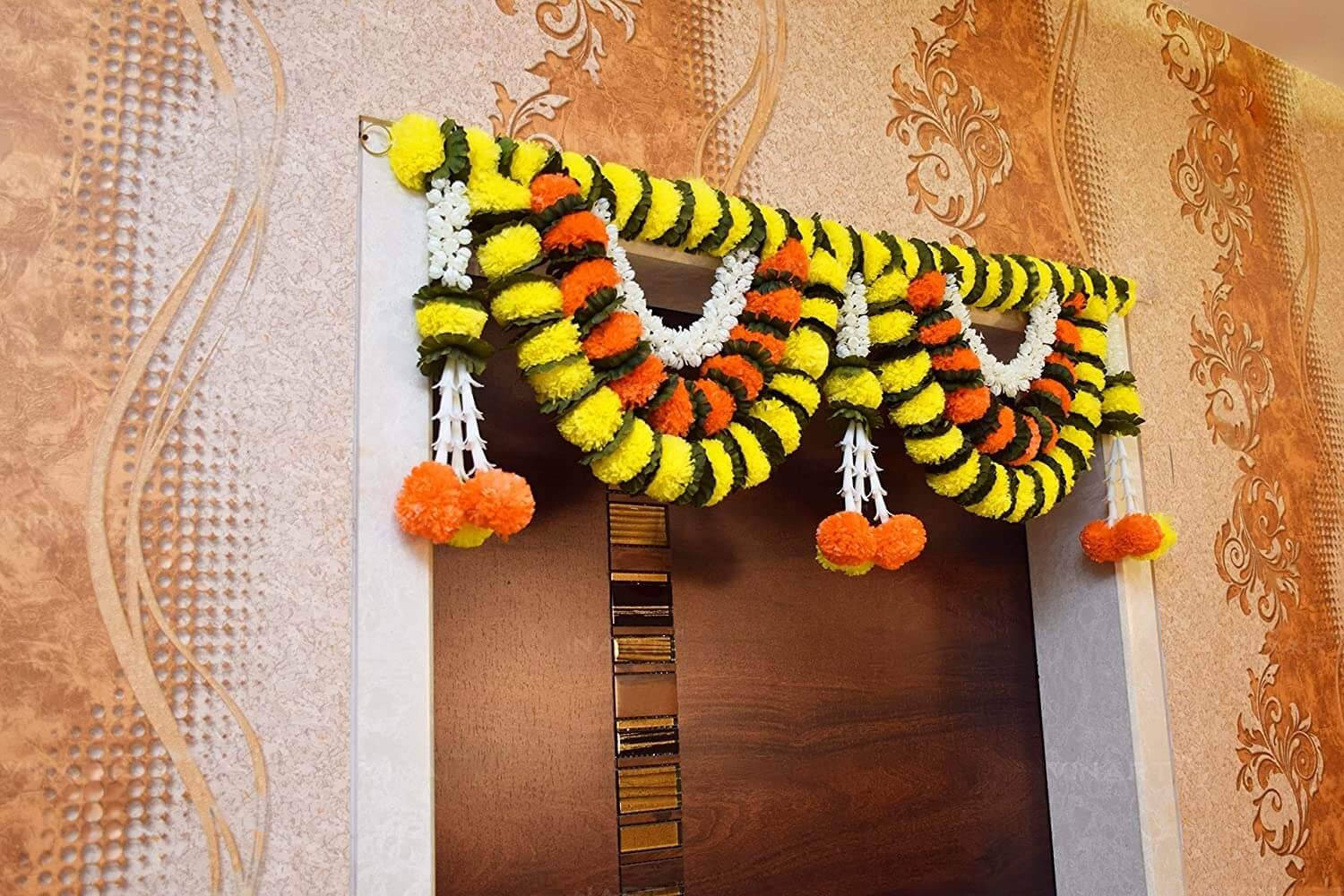 39 Inch (100 cm) Artificial Marigold Fluffy Yellow & Dark Orange Toran W Design for Main Door Entry Way Decor Mangal Fashions | Indian Home Decor and Craft