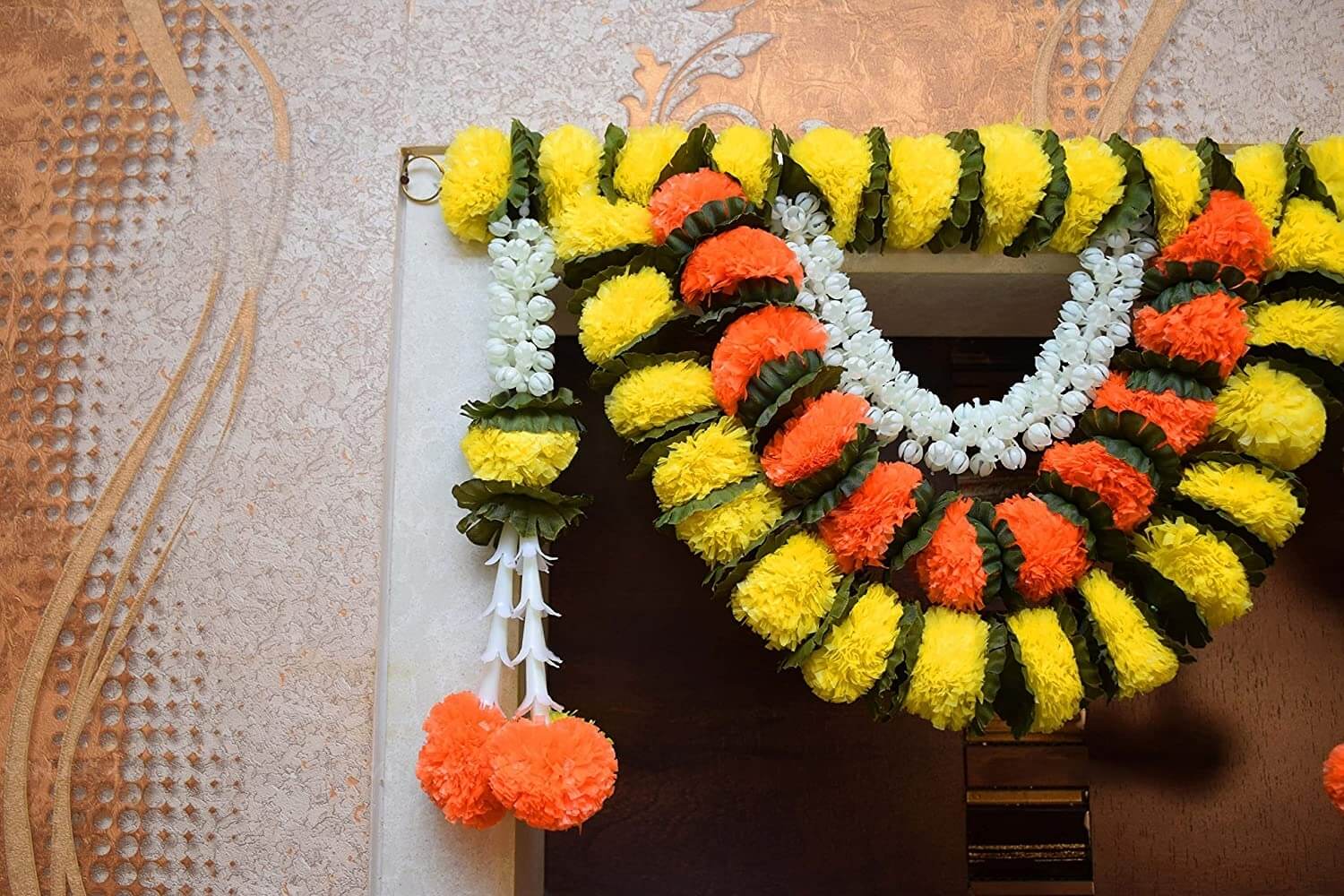 39 Inch (100 cm) Artificial Marigold Fluffy Yellow & Dark Orange Toran W Design for Main Door Entry Way Decor Mangal Fashions | Indian Home Decor and Craft
