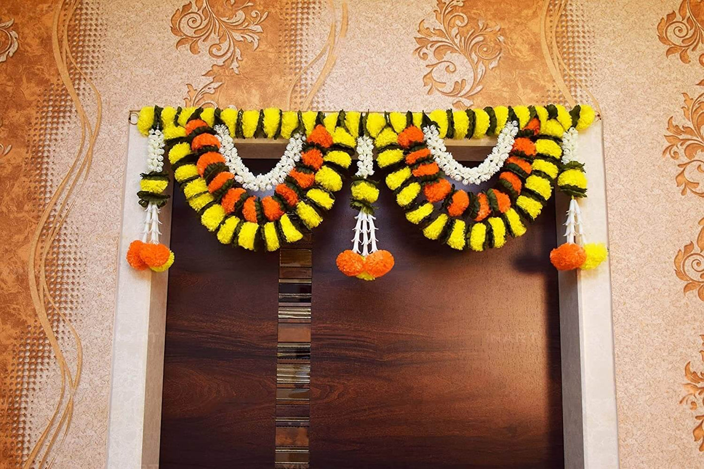 39 Inch (100 cm) Artificial Marigold Fluffy Yellow & Dark Orange Toran W Design for Main Door Entry Way Decor Mangal Fashions | Indian Home Decor and Craft