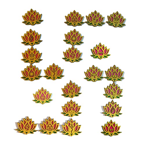 4 Inch Designer Lotus Wall and Floor Decor (set of 22) Wall Hanging, Floor Rangoli. Reusable for Diwali Navratri Pooja (Pink-Green-Golden) Mangal Fashions | Indian Home Decor and Craft