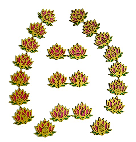4 Inch Designer Lotus Wall and Floor Decor (set of 22) Wall Hanging, Floor Rangoli. Reusable for Diwali Navratri Pooja (Pink-Green-Golden) Mangal Fashions | Indian Home Decor and Craft
