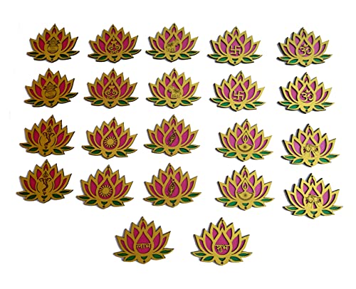 4 Inch Designer Lotus Wall and Floor Decor (set of 22) Wall Hanging, Floor Rangoli. Reusable for Diwali Navratri Pooja (Pink-Green-Golden) Mangal Fashions | Indian Home Decor and Craft