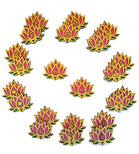 4 Inch Designer Lotus Wall and Floor Decor (set of 22) Wall Hanging, Floor Rangoli. Reusable for Diwali Navratri Pooja (Pink-Green-Golden) Mangal Fashions | Indian Home Decor and Craft